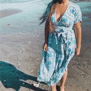 UO Gabrielle Woven Midi Wrap Dress- blue Mediterranean print dress